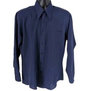 VTG 70s Kmart Navy Blue Dagger-Collar Poly Knit Dress Shirt 15½ x 34 Taiwan